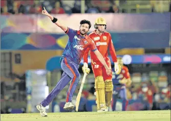  ?? BCCI ?? DC’s Khaleel Ahmed celebrates the wicket of Shahrukh Khan of PBKS at the Brabourne stadium on Wednesday.