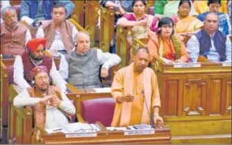  ?? HTPHOTO ?? ■
Chief minister Yogi Adityanath speaking in the state assembly on Wednesday.