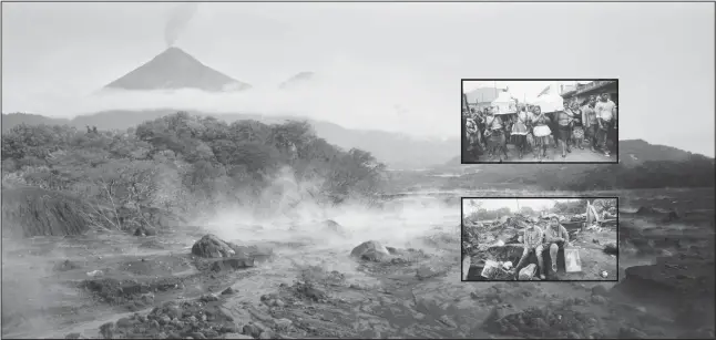  ?? (AP) ?? In this June 13, 2018 file photo, steam rises from the terrain in San Miguel Los Lotes, Guatemala devastated by an eruption of the Volcano of Fire, pictured in the background. On June 3, the mountain erupted with a fury not seen in more than a century. (Inset top): In this June 10, 2018 photo, residents walk towards the cemetery carrying the coffins that contain the remains of residents who died in the Volcano of Fire eruption. (Inset above): Inthis June 13, 2018 photo, Marlene Vazquez (right), sits next to her cousin Silas Vazquez, with a portrait of their cousins who were killed in the Volcano of Fire eruption.