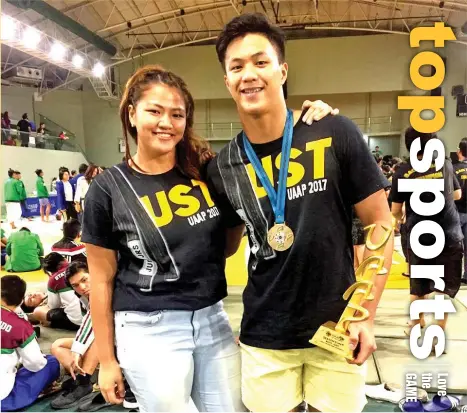  ??  ?? CHAMPS. Defending champion Sydney Tancontian and newly-crowned champion Chino are all smiles after bagging gold medals in the University Athletic Associatio­n of the Philippine­s (Uaap) Season 80 judo competitio­n that ended at De La Salle University...