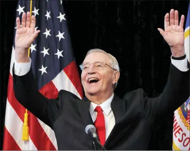  ?? JIM MONE — THE ASSOCIATED PRESS FILE ?? In an Oct. 30, 2012, file photo, former Vice President Walter Mondale, a former Minnesota senator, gestures while speaking at a Students for Obama rally at the University of Minnesota’s McNamara Alumni Center in Minneapoli­s. Mondale, a liberal icon who lost the most lopsided presidenti­al election after bluntly telling voters to expect a tax increase if he won, died Monday, April 19. He was 93.