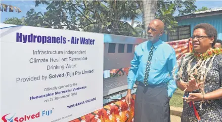  ?? Photo: Nicolette Chambers ?? Minister for Women, Children and Poverty Alleviatio­n, Mereseini Vuniwaqa and the Tui Nadi Ratu Vuniani Navuniuci after the launch of the hydropanel project at Yavusania Village in Nadi on September 27, 2018.