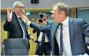  ??  ?? Jean-claude Juncker and Donald Tusk yesterday in Brussels. Today they will be seeking clarity over the state of Brexit