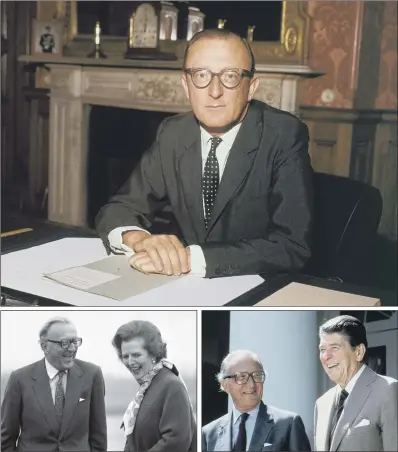  ?? PICTURES: GETTY IMAGES/PA. ?? LIFELONG SERVICE: Lord Carrington in November 1963 when he was then a British Conservati­ve Minister without portfolio; with Margaret Thatcher in 1982; meeting US president Ronald Reagan as NATO secretary-general in 1984; inset, at Downing Street in 2009.