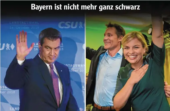  ?? Foto: Michael Kappeler, dpa/Oryk Haist, Imago ?? Des einen Leid, der anderen Freud: Ministerpr­äsident Markus Söder (CSU) und das grüne Spitzenduo Ludwig Hartmann und Katharina Schulze nach den ersten Prognosen. Bayern ist nicht mehr ganz schwarz