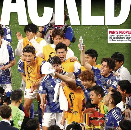  ?? ?? PAN’S PEOPLE Japan’s players start the celebratio­ns after a brilliant win yesterday