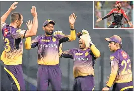  ??  ?? While KKR Captain Gautam Gambhir celebarted with teammates at Eden Garden on Sunday, RCB Captain Virat Kohli (inset) must have been dumbstruck by his team’s batting performanc­e.