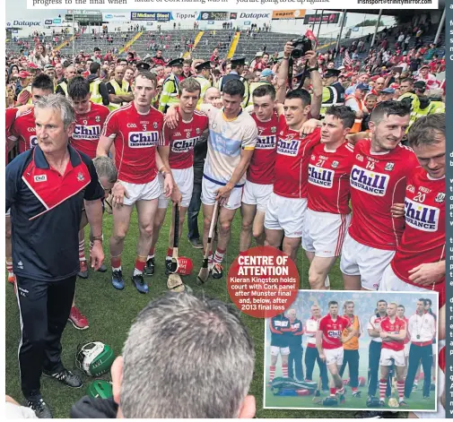  ??  ?? CENTRE OF ATTENTION Kieran Kingston holds court with Cork panel after Munster final and, below, after 2013 final loss