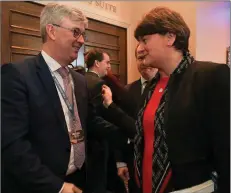  ?? Photo by Valerie O’Sullivan ?? DUP leader Arlene Foster chats with Brehon Hotel MD Patrick O’Donoghue at the inaugural Killarney Economic Conference - an annual dialogue between political, economic and civic leaders from Britain and Ireland.