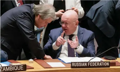  ?? Photograph: Justin Lane/EPA ?? The UN secretary general, António Guterres, talks with Russia's ambassador to the UN, Vasily Nebenzia, in February.