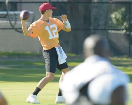  ?? CHRIS O’MEARA/AP ?? Tampa Bay Buccaneers quarterbac­k Tom Brady throws a pass during minicamp on Wednesday.