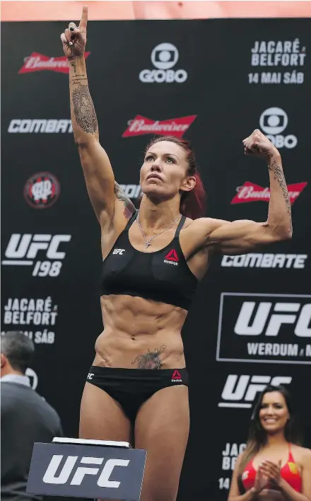  ?? — GETTY IMAGES FILES ?? Cris ‘Cyborg’ Justino, unbeaten over the Brazilian’s last 18 fights, will take on Tonya Evinger for the vacant featherwei­ght title at UFC 214 in Anaheim on Saturday.