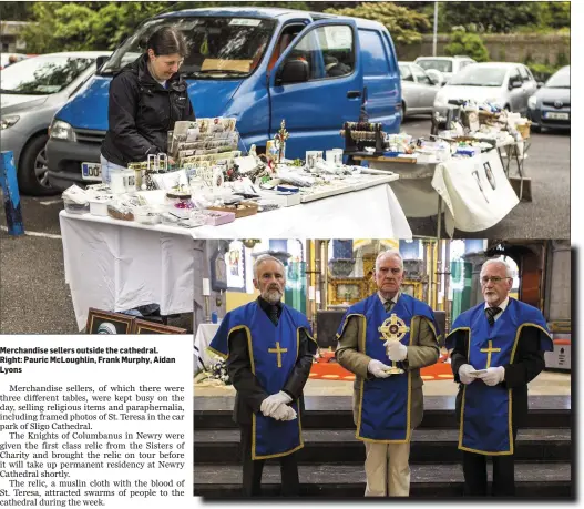  ??  ?? Merchandis­e sellers outside the cathedral. Right: Pauric McLoughlin, Frank Murphy, Aidan Lyons