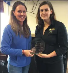  ??  ?? Rachel Griffey receiving her Bank of Ireland Player of the Month award from Bank of Ireland’s Maebh Litton at Ashtown Lane on Sunday.