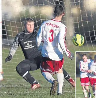  ??  ?? Mihai Butnariu scores FC Polonia’s fifth goal against Charley Accies and is congratula­ted by team-mates (inset).