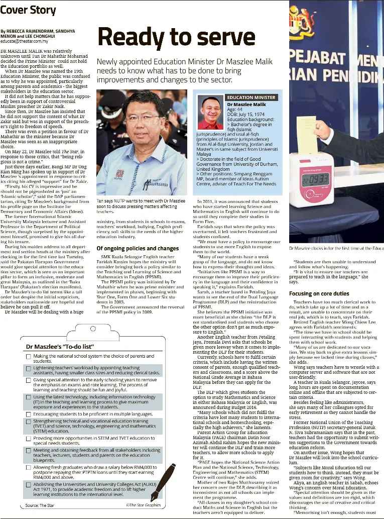  ??  ?? By REBECCA RAJAENDRAM, SANDHYA MENON and LEE CHONGHUI educate@thestar.com.my Tan says NUTP wants to meet with Dr Maszlee soon to discuss pressing matters affecting teachers. Dr Maszlee clocks in for the first time at the Educat