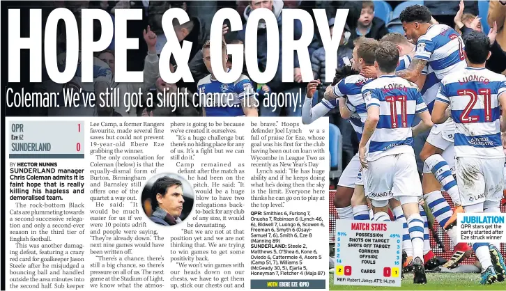  ??  ?? JUBILATION QPR stars get the party started after Eze struck winner