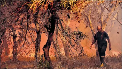  ?? Picture: EUGENE COETZEE ?? SIZZLING SIGHT: A firefighte­r walks along the edge of a blazing bush fire in Summerstra­nd yesterday