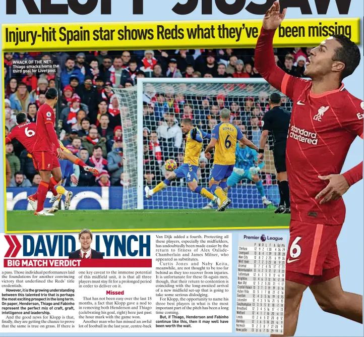  ?? ?? WHACK OF THE NET: Thiago smacks home the
third goal for Liverpool