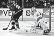  ?? JOHN LOCHER/AP ?? Sharks goaltender Martin Jones makes a rare save during the 7-0 Game 1 loss to the Golden Knights on Thursday.