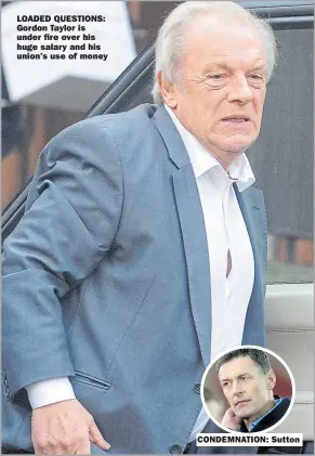  ??  ?? LOADED QUESTIONS: Gordon Taylor is under fire over his huge salary and his union’s use of money CONDEMNATI­ON: Sutton