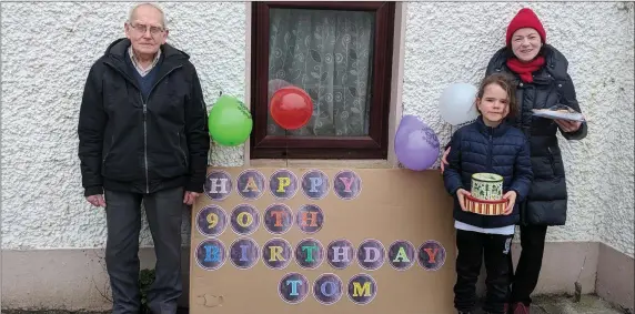  ??  ?? Tom Haran, Aughagad, Grange who celebrated his 90th birthday last month in lockdown. He is pictured with his niece Ann Barron and his grand nephew Robbie Barron on the morning of his birthday. Tom has been a prominent member of many voluntary groups for many years including SVP and his local GAA Club, St Molaise Gaels where he was inducted into their hall of fame as the first person to be so honoured by the club.