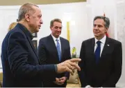  ?? BURHAN OZBILICI / POOL / AP ?? Turkish President Recep Tayyip Erdogan (left) talks to U.S. Secretary of State Antony Blinken at a meeting in Ankara, Turkey, on Monday.