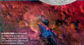  ??  ?? LA MISIÓN DAWN de la NASA captó un antiguo flujo de materiales (aquí, en rojo y azul), en el interior y los alrededore­s del cráter Aelia, de 4.3 km de diámetro, en Vesta.