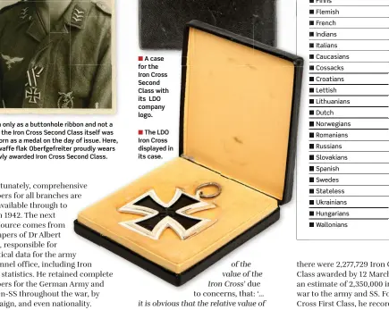  ??  ?? Worn only as a buttonhole ribbon and not a medal, the Iron Cross Second Class itself was only worn as a medal on the day of issue. Here, a Luftwaffe flak Oberfgefre­iter proudly wears his newly awarded Iron Cross Second Class.
■ A case for the Iron Cross Second Class with its LDO company logo.
■ The LDO Iron Cross displayed in its case.