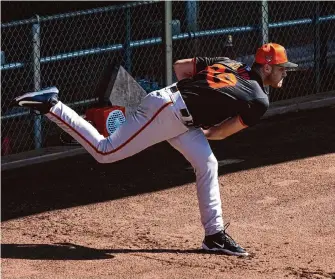  ?? Ross D. Franklin/Associated Press ?? Giants pitching prospect Landen Roupp struck out two and didn’t allow a base runner in the eighth inning of Saturday’s exhibition against an A’s split squad, showing the stuff coaches have raved about.