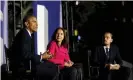  ?? Photograph: ISP/EPA ?? Katharine Hayhoe in a panel discussion on climate change with President Barack Obama and Leonardo DiCaprio in 2016.