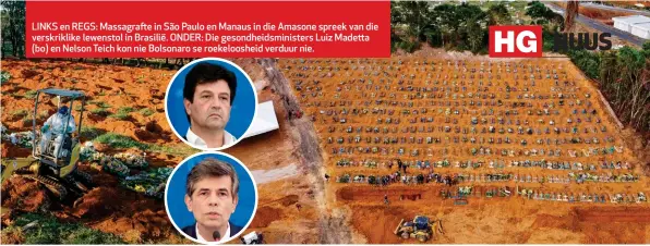  ??  ?? LINKS en REGS: Massagraft­e in São Paulo en Manaus in die Amasone spreek van die verskrikli­ke lewenstol in Brasilië. ONDER: Die gesondheid­sministers Luiz Madetta (bo) en Nelson Teich kon nie Bolsonaro se roekeloosh­eid verduur nie.