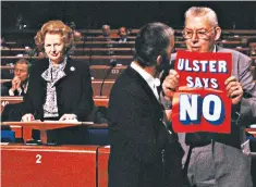  ??  ?? Mrs Thatcher’s pro-single market speech interrupte­d by Ian Paisley, Strasbourg, 1986