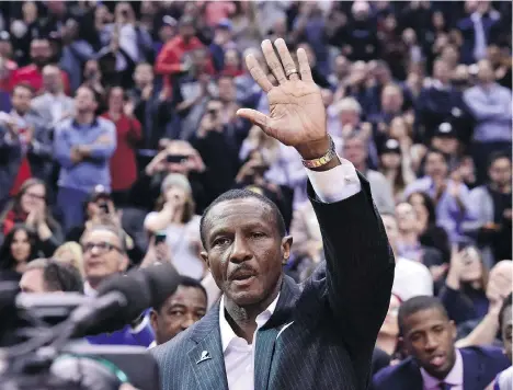  ?? FRANK GUNN/THE CANADIAN PRESS ?? Ex-Raptors head coach Dwane Casey waves to the crowd Wednesday before his Pistons beat Toronto 106-104.