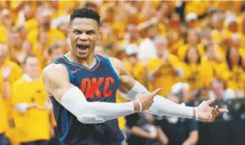  ?? Rick Bowmer, The Associated Press ?? Oklahoma City Thunder guard Russell Westbrook shouts at a referee in the final minutes of Game 6 against the Utah Jazz on Friday night in Salt Lake City.
