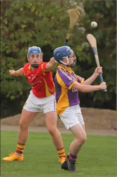  ??  ?? Harry McCafferty of Davidstown-Courtnacud­dy and Ciaran Murphy of St. Patrick’s battle for possession.