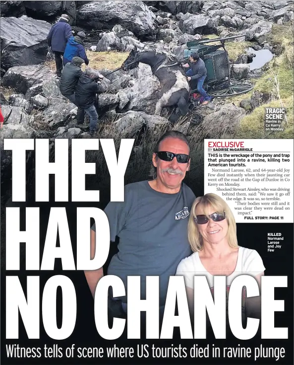  ??  ?? TRAGIC SCENE Ravine in Co Kerry on Monday KILLED Normand Larose and Joy Few