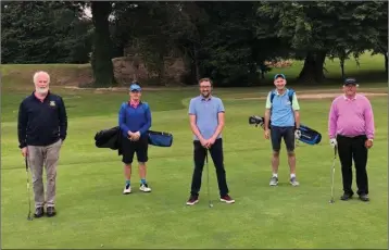  ??  ?? Pictured at the end of my golfing nightmare in Baltinglas­s Golf Club, from left: Brian O’Hara (2019 Baltinglas­s Golf Club captain’s prize winner), Robert McHugh (Baltinglas­s and Wicklow football legend and admirer of pink jumpers), Brendan Lawrence (ruggedly handsome Knockanann­a man who couldn’t play golf to save his life), Niall Doogue (crusher of golfing dreams ) and Sean Buggy (wearer of pink jumpers).