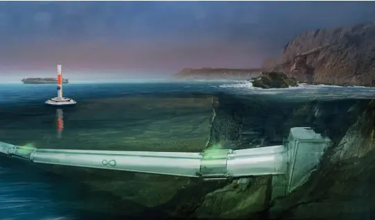  ??  ?? This never-before-seen rendering shows an undersea hyperloop for cargo that would connect Los Angeles to San Francisco without the hassles of acquiring land rights in big cities. A bigger ambition: laying pipe all the way to China to eventually replace...