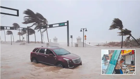  ??  ?? A car sits abandoned along flooded North Fort Lauderdale Beach Boulevard as Hurricane Irma hits Florida, and (inset) the clean-up starts in Cuba. Pictures: GETTY/AFP