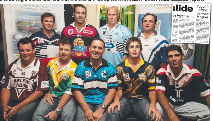  ?? Picture: ANN LOUISE HOVEY ?? Players from the 2005 Gold Coast rugby league competitio­n (front, from left): Zane Cloherty (Burleigh), Kurt Frazer (Helensvale), Dean Scott (Parkwood), Nick Finch (Canungra), Rod Walsh (Nerang) and (back row) Darren Bruggy (Runaway Bay), Kelvin Graves (Mudgeeraba), Craig Ryan (Beaudesert) and Michael Smith (Tugun).