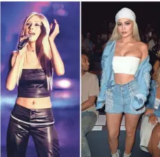  ?? GETTY IMAGES ?? Christina Aguilera rocked a black tube top in 2000; Kylie Jenner says “right back at ya” in 2016.