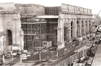  ??  ?? During tunnel excavation, care had to be taken to avoid damage to some of Newcastle’s most historic structures. The portico at Central station (above) was partially dismantled while work took place to build the Metro lines and platforms beneath it. In the centre of the city, work was carried out below Grey’s Monument to prevent it from leaning. It stands above the four-platform Monument station, an interchang­e between routes, and the only place on the network where north-south and east-west lines cross.