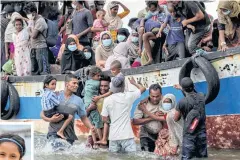  ??  ?? Six-year-old Nosmin Fatimah (inset and in striped shirt in main picture) is lifted from a boat after arriving with her mother in Lhokseumaw­e, Indonesia on Oct 22. The online image was the first evidence Nemah Shah had seen that his wife and daughter were still alive.