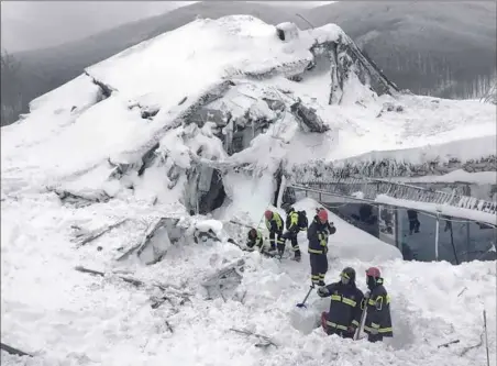  ??  ?? Italian firefighte­rs search for survivors Thursday after an avalanche buried a hotel near Farindola, central Italy.