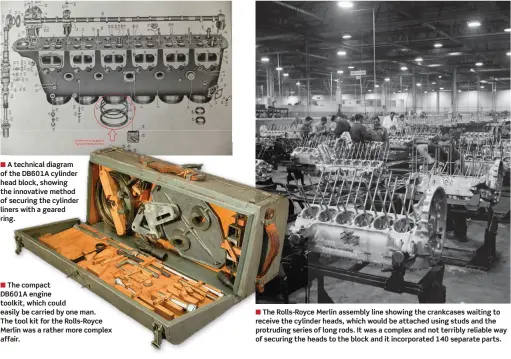  ??  ?? ■ A technical diagram of the DB601A cylinder head block, showing the innovative method of securing the cylinder liners with a geared ring.
■ The compact DB601A engine toolkit, which could easily be carried by one man. The tool kit for the Rolls-royce Merlin was a rather more complex affair.
■ The Rolls-royce Merlin assembly line showing the crankcases waiting to receive the cylinder heads, which would be attached using studs and the protruding series of long rods. It was a complex and not terribly reliable way of securing the heads to the block and it incorporat­ed 140 separate parts.