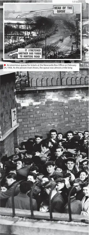  ??  ?? ■ An enormous queue for tickets at the Newcastle Box Office on February 24, 1956. As the picture inset shows, the queue was almost a mile long