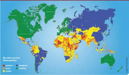  ??  ?? Die Welt und ihre Risikogebi­ete extrem hoch mittel moderat niedrig