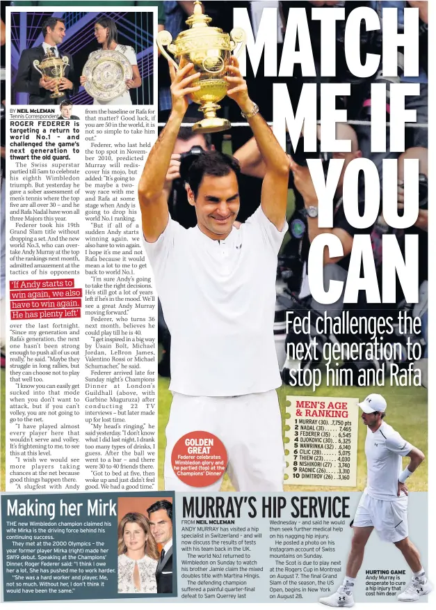  ??  ?? GOLDEN GREAT Federer celebrates Wimbledon glory and he partied (top) at the Champions’ Dinner HURTING GAME Andy Murray is desperate to cure a hip injury that cost him dear