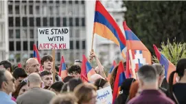  ?? Yorgos Karahalis/Associated Press ?? Protesters take part in a rally after Azerbaijan reclaimed control of the separatist region of Nagorno-Karabakh in Athens, Oct. 1.